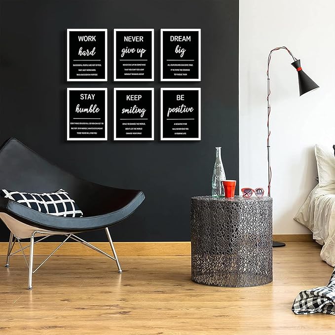 Motivational Quotes Wall Art Set,6 Piece Office Inspirational Wall Decor,Black and White Positive Quotes Canvas Prints,Work Hard,Never Give Up Painting for Office Bedroom Living Room 12x16in Posters