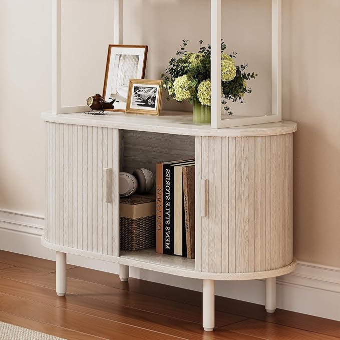 5 Tier Tall Bookshelf with Cabinet, Fluted Bookcase with Sliding Door, Metal and Wood Display Shelf, Free Standing Storage Shelving Unit, Corner Storage Organizer for Living Room, Home Office, White