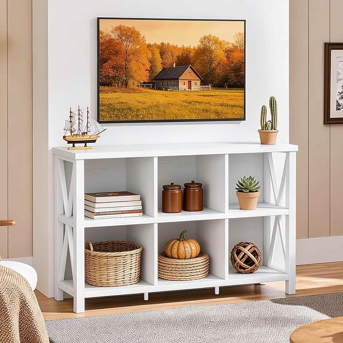 FATORRI 6 Cube Storage Organizer with Shelf, 47 Inch Long Horizontal Bookshelf, Wood and Metal Cube Bookcase, Low Book Shelf for Living Room, Home Office (White Oak)