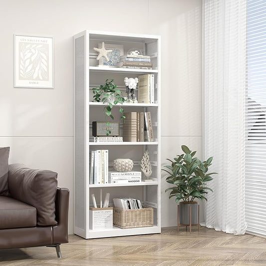 5 Tiers Bookshelf, Metal Storage Organizer Book Rack, Modern White Bookcase Shelf, Utility Shelf, Adjustable Garage Shelving, Organizer Rack for Kitchen, Laundry, Garage, Bathroom, Pantry, Office