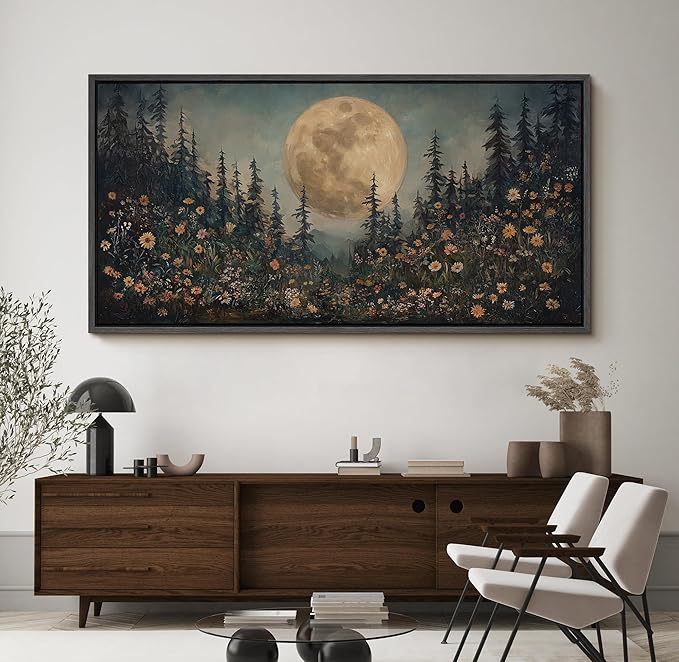 SIGNFORD Extra Large Framed Canvas Moonlit Forest with Wildflowers Mystical Illustrations Modern Art Calm Warm for Living Room, Bedroom, Office - 60"x30"