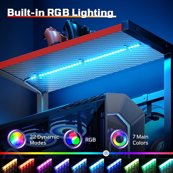 Bestier Gaming Desk with Drawer, 44 Inch Small Computer Desk with PC Shelf, Gaming Table with LED Lights for Small Spaces, Reversible Gamer Desk with Storage Bag & Side Hook, Black-RED