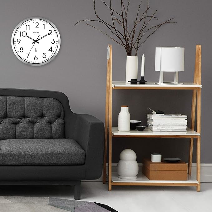 Sharp Atomic Analog Wall Clock - 12" Silver Brushed Finish Sets Automatically- Battery Operated Easy to Read Use: Simple, Style fits Any Decor