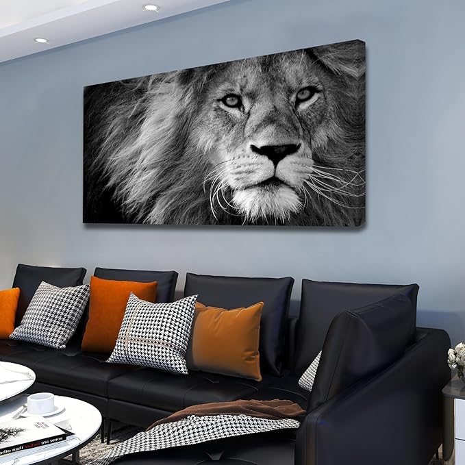 Baisuart Canvas Prints Wall Art Grey lion Stretched Canvas Wooden Framed for living Room Bedroom and Office