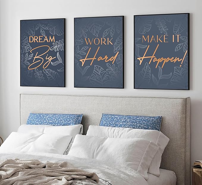 3Pcs Blue Gold Inspirational Office Wall Art Inspiring Motivational Positive Quote Botanical Posters Paintings Pictures Wall Decor Canvas Print Artwork for School Bedroom Living Room Home Decoration Unframed