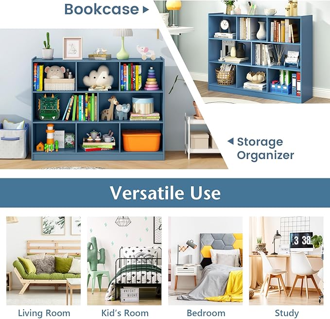 Giantex 8 Cube Bookcase, Freestanding 3-Tier Open Bookshelf, Modern Storage Display Cabinet, Wood Cube Storage Organizer for Living Room, Kid’s Room, Bright Blue