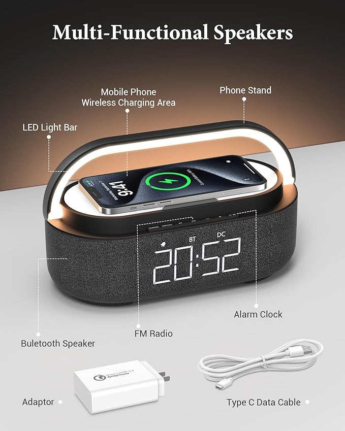FREEFISH 6 in 1 Bluetooth Speaker with Fast Wireless Charger,FM Radio,Touch LED Night Light,Phone Holder,Snooze,Portable Wireless Speaker for Bedrooms Office Home,Gifts (Black)