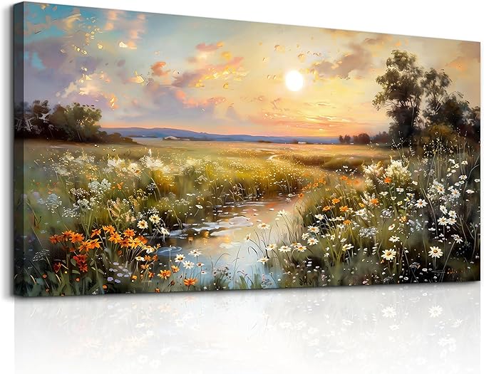hyidecorart Vintage Farmhouse Wildflower Wall Paintings Canvas Wall Art for Living Room Wall Decor for Bedroom Office Decorations Nature Landscape Picture Artwork Aesthetic Home Decor Ready To Hang
