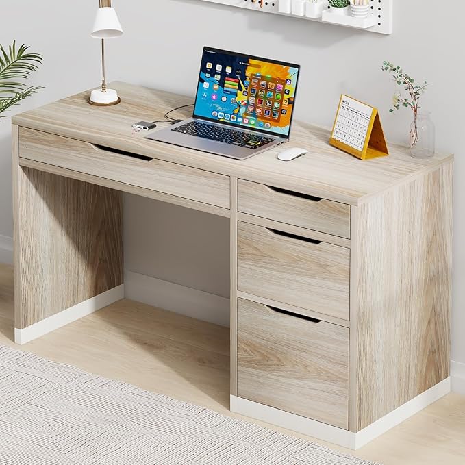 Small Desk with Drawers, 52 Inch Home Office Desk with Storage for Bedroom, Computer Desk with Filing Drawer for Small Space, Walnut