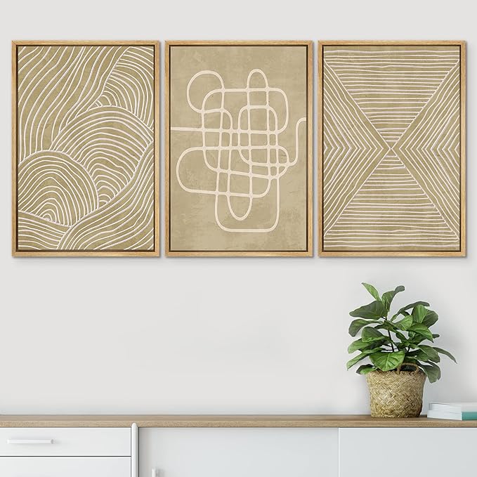 SIGNWIN Framed Canvas Print Wall Art Set Geometric Tan Line Art Collage Graffiti & Street Art Abstract Illustrations Modern Art Decorative Nordic for Living Room, Bedroom, Office - 16"x24"x3 Natural