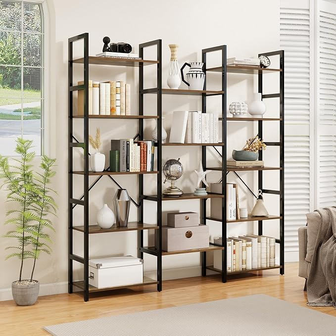 Giantex 5-Tier Industrial Bookshelf, Triple Wide Heavy-Duty Metal Frame Bookcases w/ 14 Open Shelves, Large Floor Standing Display Shelf Rack w/Anti-tip Kits, Storage Shelf for Living Room Study