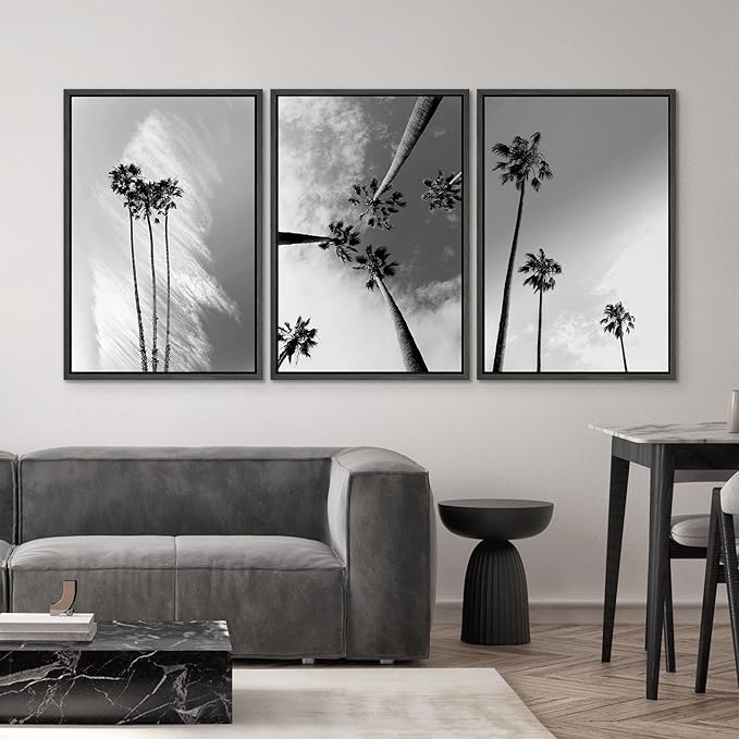SIGNWIN 3 Piece Framed Canvas Wall Art Black and White Palm Tree Canvas Prints Home Artwork Decoration for Living Room,Bedroom - 24"x36"x3 Panels
