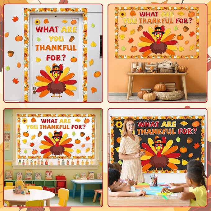Thanksgiving Turkey Classroom Bulletin Board Decorations Autumn Fall Thankful Letters Cutouts Pumpkin Leaves Bulletin Board Border Set for Home School Chalkboard Wall Decor Supplies