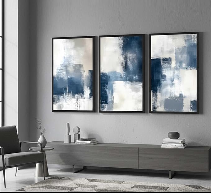 3 Pcs Navy Blue Abstract Canvas Wall Art Modern Minimalist Neutral Blue and Grey Paintings Pictures Wall Decor Poster Print Artwork for Living Room Bedroom Office Home Decoration Unframed