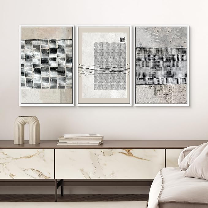 SIGNWIN Framed Canvas Print Wall Art Set Black Tan Industrial Line Art Pattern Abstract Shapes Cozy Neutral Decorative Contemporary Minimal for Living Room, Bedroom, Office - 16"x24"x3 White