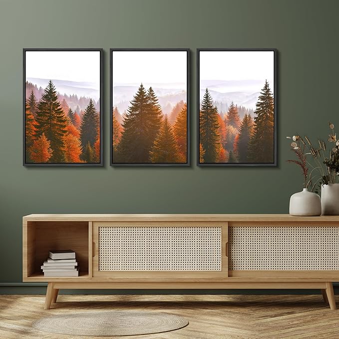 SIGNFORD Framed Wall Art Print Set Golden Autumn Forest Warm Sunrise Landscape Digital Art Modern Art Contemporary for Living Room, Bedroom, Office - 16"x24"x3 Black