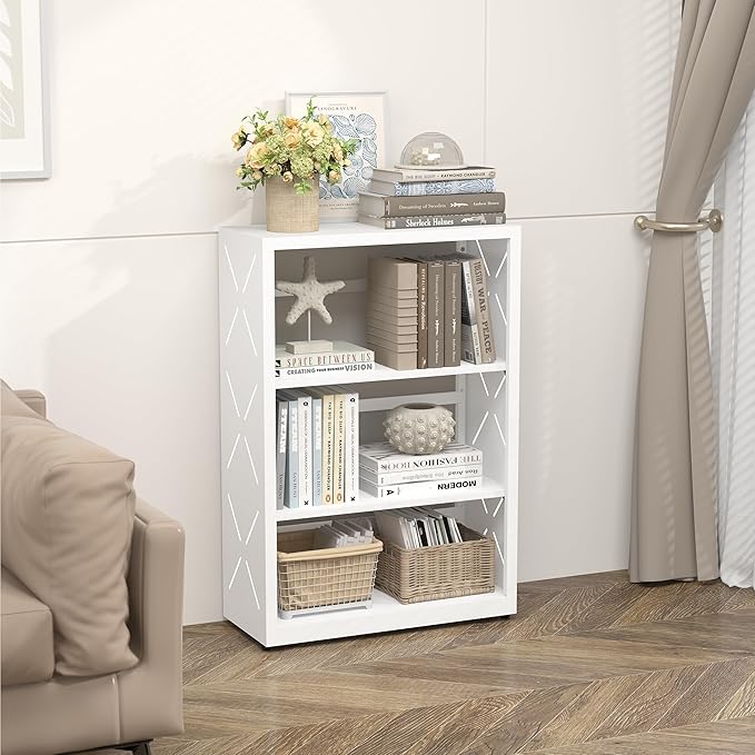 3 Tier Bookshelf, 34"Tall Metal Bookcase with Adjustable Shelves, Modern Display Book Shelf, White Bookcase Shelf, Utility Shelf, Storage Shelves for Office, Living Room, Kitchen, Study-23"W