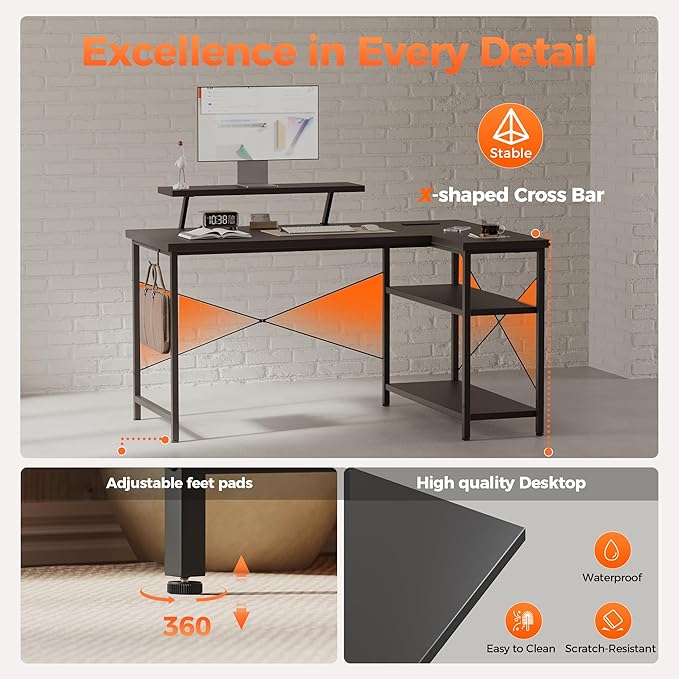 Mericonia Small L Shaped Computer Desk with Power Outlets, Reversible Gaming Desk with Storage Shelves & Monitor Stand, Corner Gamer Desk Table, Study Writing Table