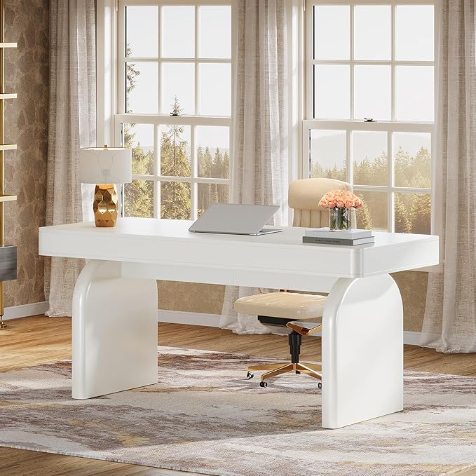 Tribesigns White Desk with Drawers, 63-Inch Modern Executive Office Desk, Glossy Elegant Work Study Desk Writing Table for Home Office, Cream White