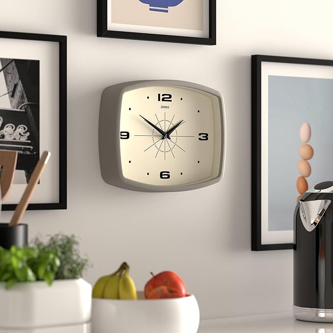 JONES CLOCKS® Movie wall Clock | Retro Rectangular Clock | 10 inch | Gray | Cool mid-Century Designer Look for Kitchen, Living Room or Office