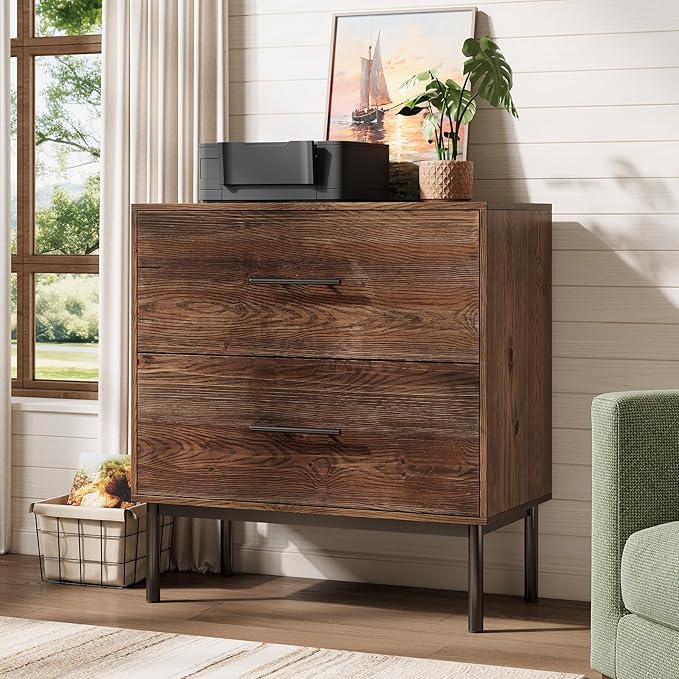 31.5" Solid Wood Vertical File Cabinet with 2 Drawers, Farmhouse Large Tall Filing Cabinet for Home Office, Adjustable Removable Hanging Bars for Letter, Legal Size, Printer Stand