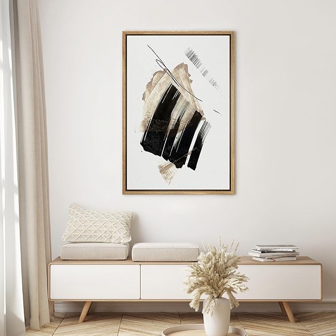 SIGNWIN Framed Canvas Print Wall Art Brushstroke Minimalist Black and Beige Illustrations Modern Art Minimal Multicolor for Living Room, Bedroom, Office - 16"x24" Natural