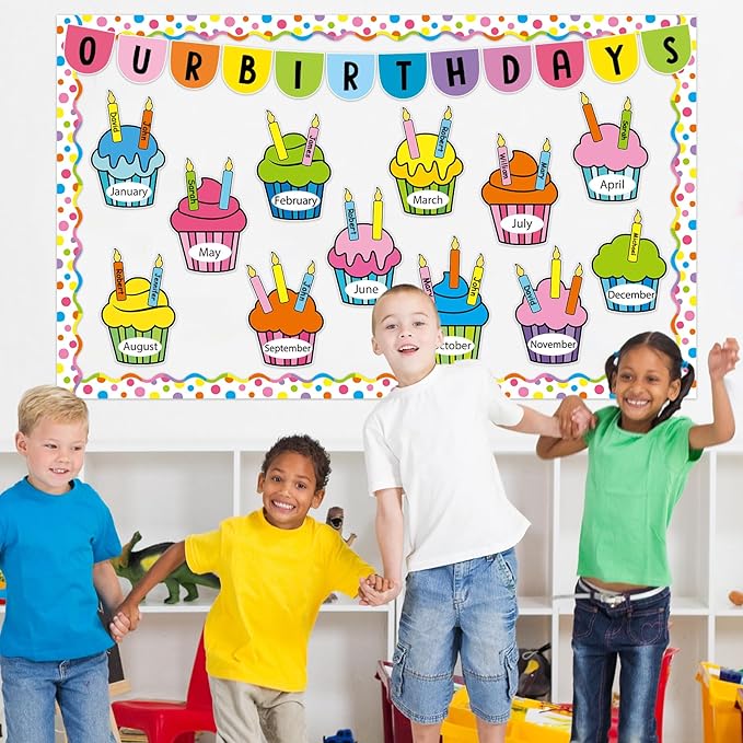 Birthday Bulletin Board Classroom Decorations Colorful Cupcake Cutouts Colorful Candle Name Tags Decoration for Wall Chalkboard Preschool Classroom Decor Teacher Back to School Supplies