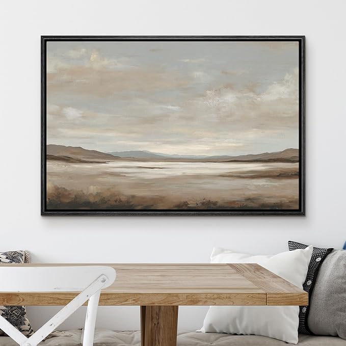 MUDECOR Framed Canvas Print Wall Art Serene Desert Landscape Neutral Earth Tone Illustrations Minimalism Decorative Relax Colorful for Living Room, Bedroom, Office - 16"x24" Black