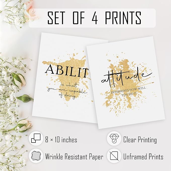 HRQKO Office Gold Inspirational Wall Art Poster Prints Set of 4, Motivational Wall Art, Modern Gold Artwork Prints Posters Wall Decor, Affirmations Prints for Office Women Men 8”x10” Unframed