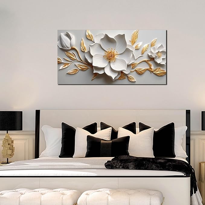 Canvas Wall Art for Living Room Bedroom Office White and Gold Flower Artwork Large Botanical Wall Art Framed Wall Decor Modern Canvas Prints 24x48 In