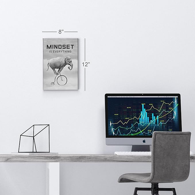 Smile Art Design Mindset is EverytingBlack and White Elephant Riding Circus Bike Motivational Wall Art Canvas Print Inspirational Entrepreneur Quote Office Living Room Decor Gift Ready to Hang 36x24