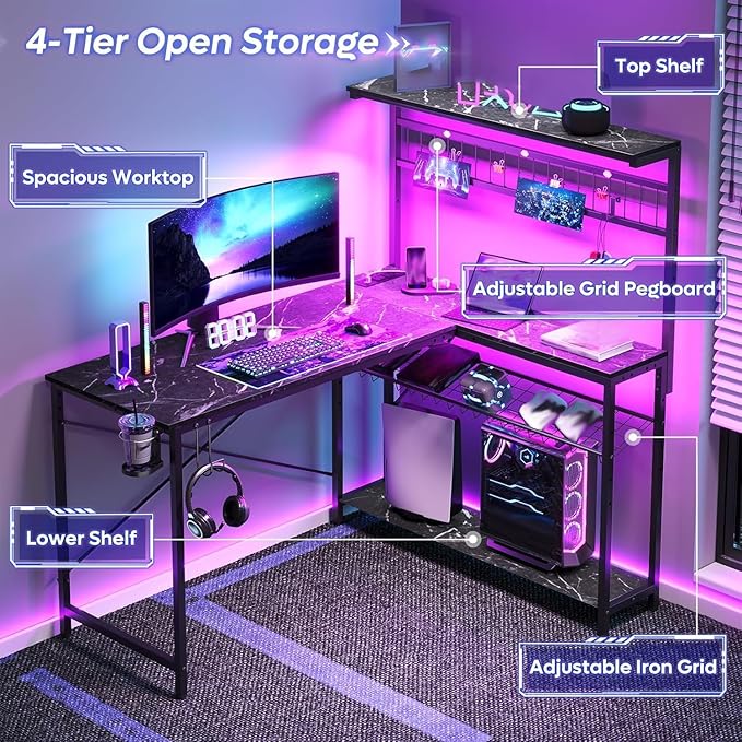 Bestier Gaming Desk 51" L-Shaped, with Power Outlets & LED Lights- 4 Tier Shelves, Reversible Gamer Table with Hooks & Cup Holder for Home Office Black Marble
