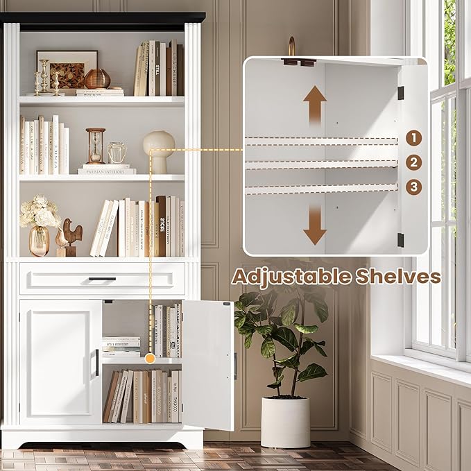 SEDETA Farmhouse Bookshelves and Bookcases with Doors and Drawer, Bookshelf with Storage, Floor Standing 6 Shelf Display Storage Shelves 70 in Tall Bookshelf for Home Office, Living Room, White
