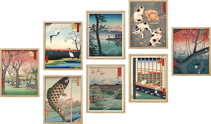SIGNWIN Framed Poster Wall Art Set of Koinobori The Carp Fish, Plum Park Landscape with 2 Cranes from One Hundred, Plum Blossom in Garden for Living Room, Bedroom, Office - 12"x16"x 8 Natural