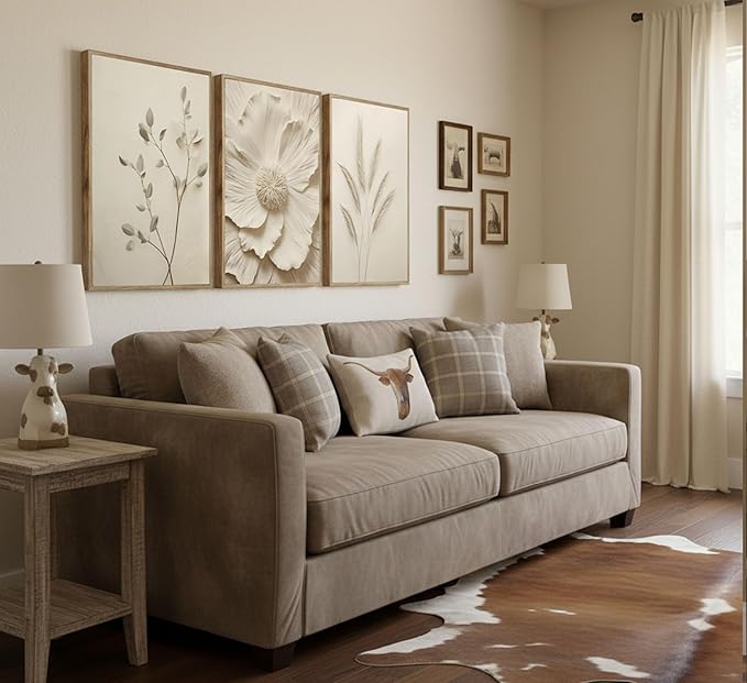 3Pcs Neutral Beige Floral Plant Canvas Wall art Textured Flower Botanical Painting Picture Wall Decor Vintage Blossom Poster Prints for Living Room Bedroom Bathroom Decor Unframed