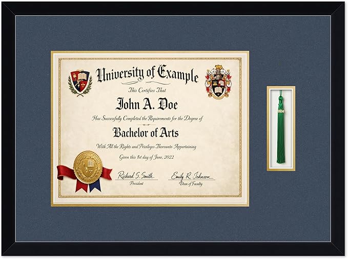 CountryArtHouse Diploma and Tassel Frame Fits 14 x 11 College Diploma (Modern) with Tassel H Matte Black Genuine Hardwood Shadowbox with Navy Blue Over Metallic Gold Double mat
