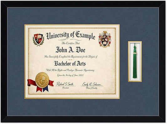 CountryArtHouse Diploma and Tassel Frame Fits 14 x 11 College Diploma (Modern) with Tassel H Matte Black Genuine Hardwood Shadowbox with Navy Blue Over Metallic Gold Double mat