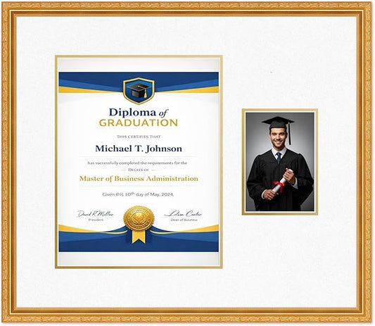 Diploma Frame With Photo Opening Museum Gold Oyster Shell Over Gold Mat - Fits 11 x 14 Degree and Picture Made in the USA