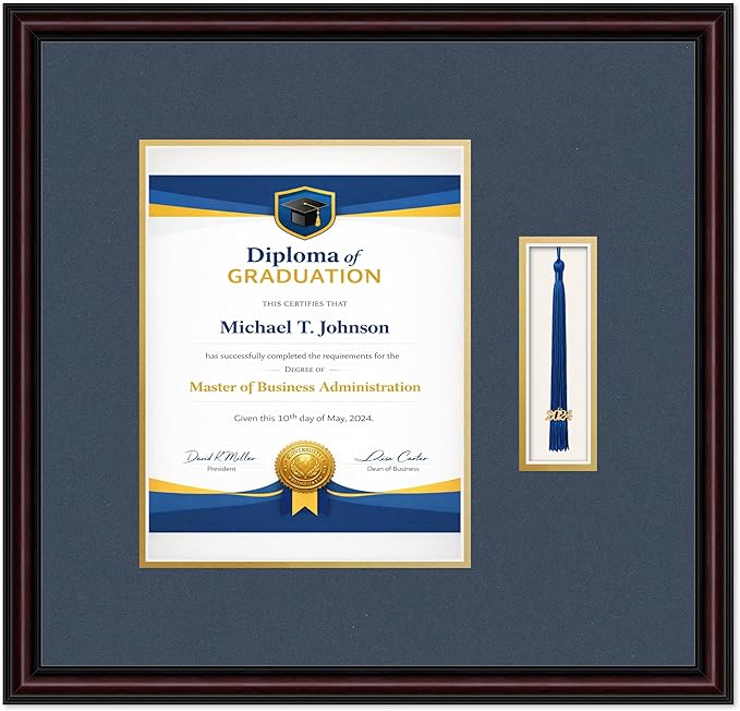 Diploma Frame with Tassel Holder 18.75 x 18 Executive Brown Shadowbox Navy Blue Over Gold Mat - Fits 8.5 x 11 Degree Made in the USA