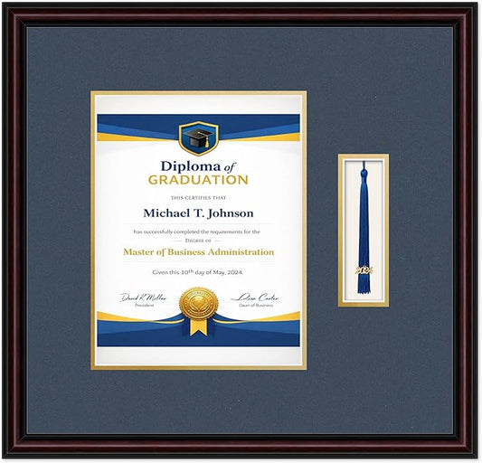 Diploma Frame with Tassel Holder 18.75 x 18 Executive Brown Shadowbox Navy Blue Over Gold Mat - Fits 8.5 x 11 Degree Made in the USA
