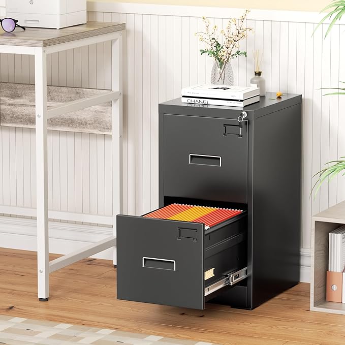 Greenvelly 2 Drawer File Cabinet with Lock, Lockable Vertical File Cabinets for Home Office, Black Metal Filing Cabinet for A4/Letter/Legal Size File, Easy Assemble