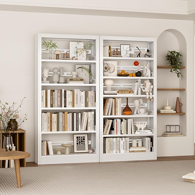 5-Tier Metal White Bookshelf, 71" Tall Library Bookshelf, White Bookshelf with Adjustable Storage Shelves, Modern Bookcase for Living Room, Library, Office, or Bedroom, Includes Book Stoppers (White)