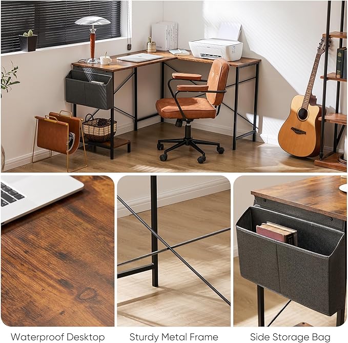 Sweetcrispy L Shaped Desk Computer Gaming Corner Table 51 Inch Home Office Writing Student Work PC Workstation with Side Storage Bag CPU Stand for Bedroom Small Spaces