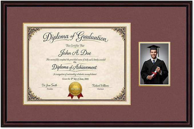 Diploma Frame With Photo Opening Executive Brown Dark Red Over Gold Mat - Fits 17 x 13 Degree and Picture Made in the USA