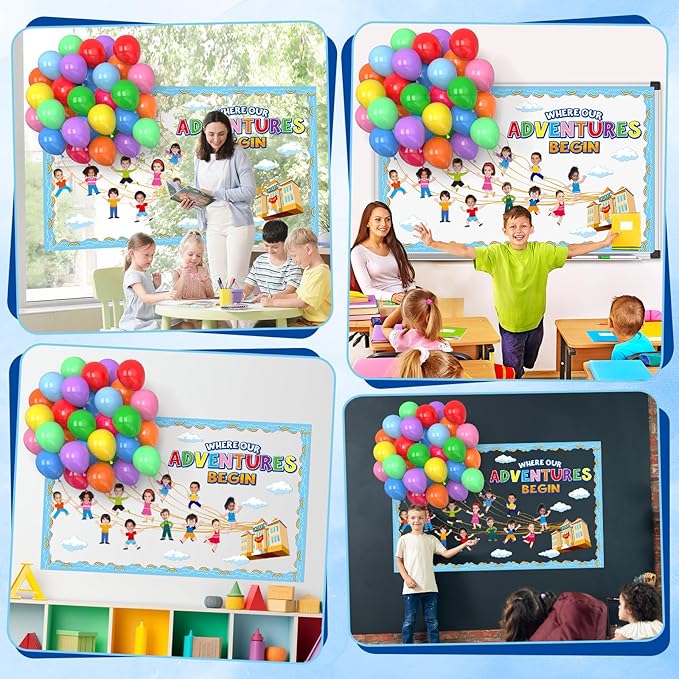 3D Colorful Balloon Bulletin Board Set Adventure Balloon Cloud Classroom Decoration DIY Photo Cutouts Borders Motivational Where Our Adventure Begins Bulletin Board Classroom Wall Party Supplies Decor