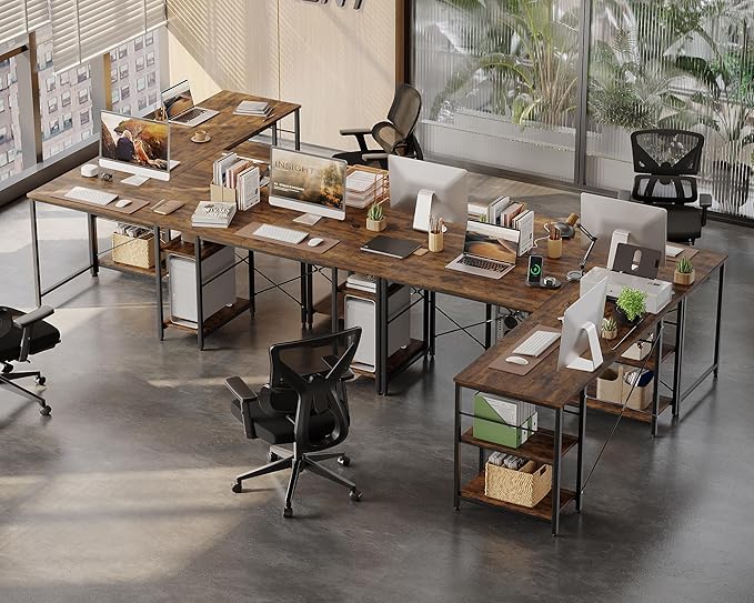 Bestier L Shaped Desk, 95.2 Inch Reversible Corner Computer Desk with Shelves, 2 Person Long Table for Home Office, Large Writing Storage Workstation with 3 Cable Holes, Rustic Brown