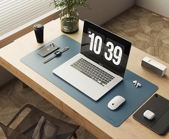 RENMTURE Double-Sided Two-Tone Faux Leather Desk mat Desktop Organization and Accessories Home and Office Large Mouse pad Game and Work (Blue/Green, 32"x16")