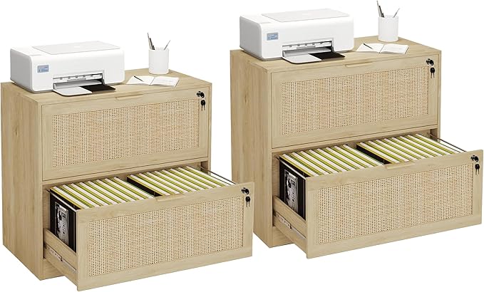 HOPUBUY 2 Drawer File Cabinet with Lock Set of 2, Printer Stand Lateral Filing Cabinets for Home Office and School, Wood Rattan File Cabinet for Hanging Files/Letter/Legal/A4/F4 Size, Natural Wood