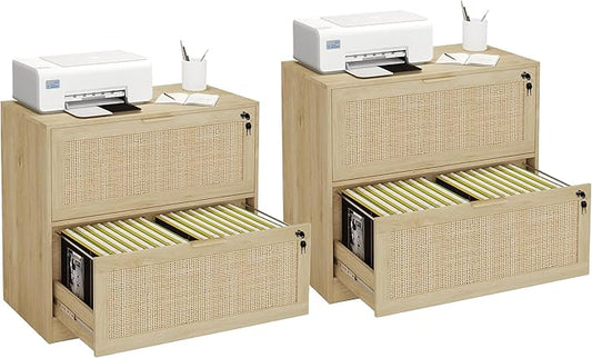 HOPUBUY 2 Drawer File Cabinet with Lock Set of 2, Printer Stand Lateral Filing Cabinets for Home Office and School, Wood Rattan File Cabinet for Hanging Files/Letter/Legal/A4/F4 Size, Natural Wood