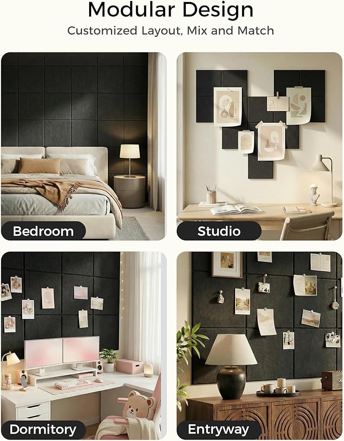 Aothia 12-Pack Felt Bulletin Board Tiles for Walls - 48x36 Modular Bulletin Board, Cork Board Alternative Pin Board for Office & Classroom, 70 Adhesive Tabs & 40 Push Pins Included (Black)